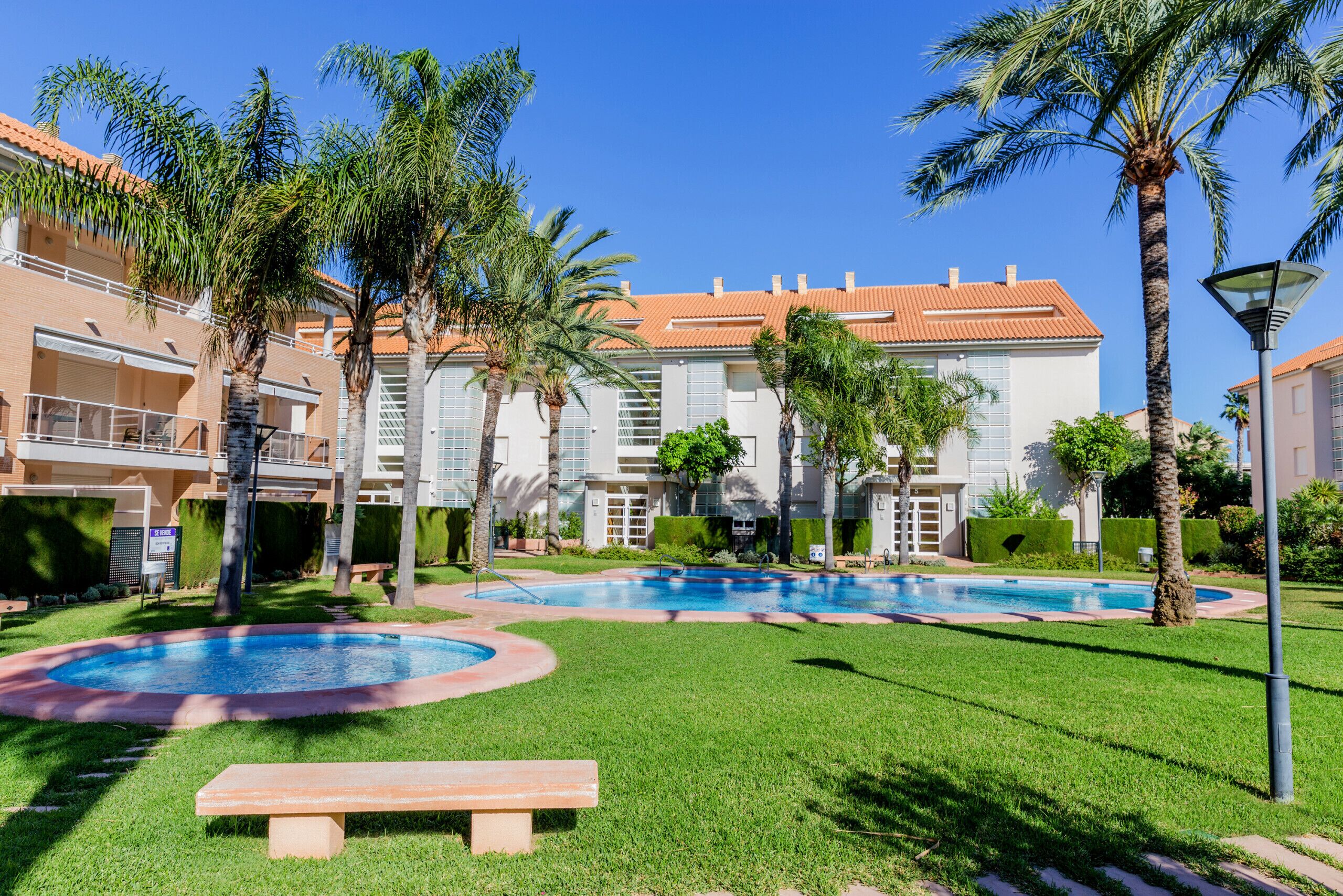Zona de piscina con palmeras, un banco y un edificio con techo de tejas.