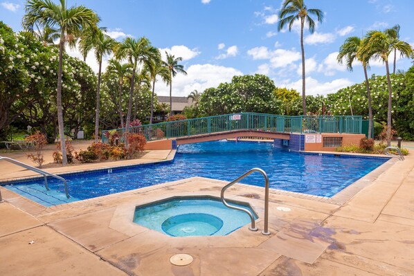 A swimming pool with a bridge, surrounded by palm trees and a clear sky.