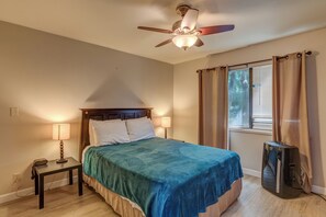 1 bedroom, desk, iron/ironing board, travel cot