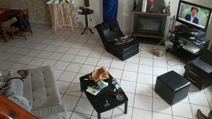 A living room with a sofa, a coffee table, a TV, and a fireplace. - L'hote 640 (Tarnos)