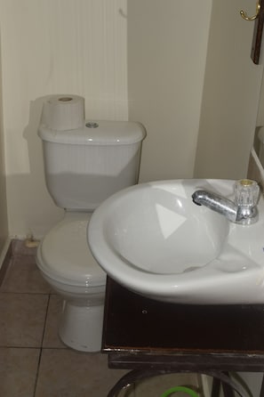 A bathroom with a toilet, sink, and a roll of toilet paper on the wall. - Orison Managua (Managua)