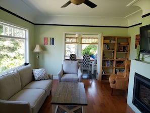 Smart TV, fireplace, books