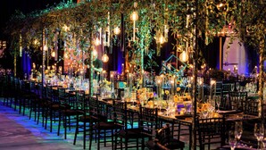 A long dining table set with chairs, surrounded by hanging plants and lights.