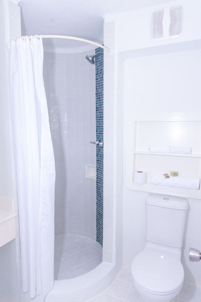 A bathroom with a shower, toilet, and a shelf with toiletries.