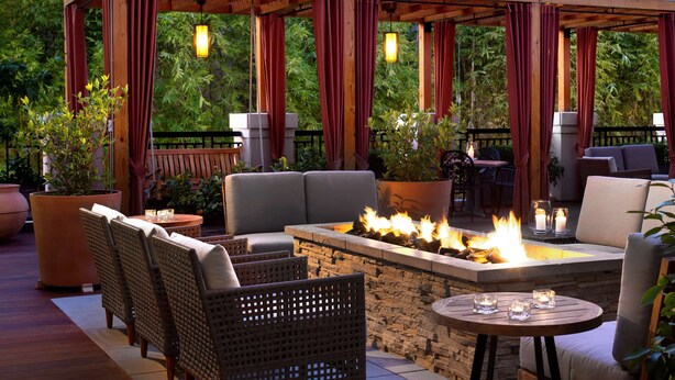 An outdoor patio with wicker furniture, a stone fire pit, and potted plants.