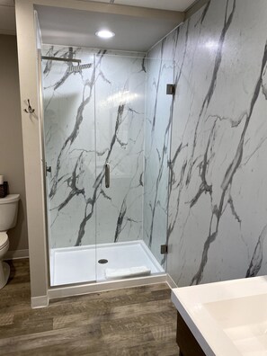 Combined shower/tub, hair dryer, towels, soap