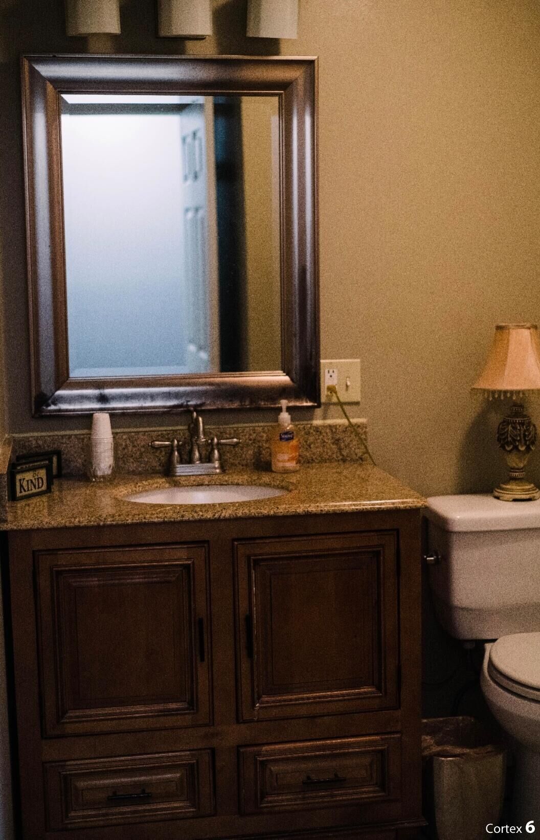 Un bagno con un mobile vanitario in legno, uno specchio, un lavandino e un water.