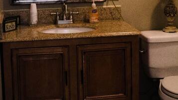 Un bagno con un mobile vanitario in legno, uno specchio, un lavandino e un water.