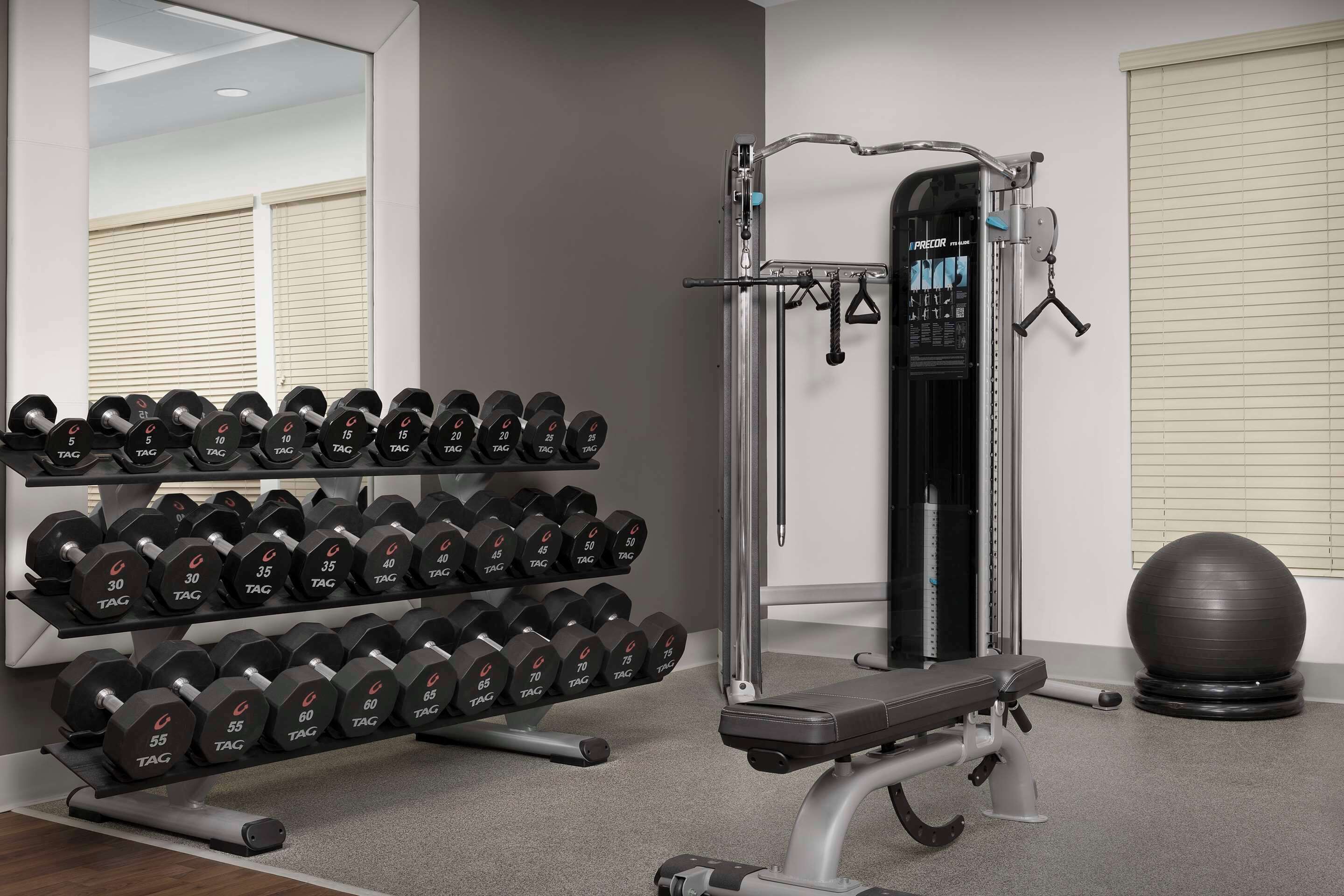 Ett gym med hantlar, en träningsmaskin och en pilatesboll.