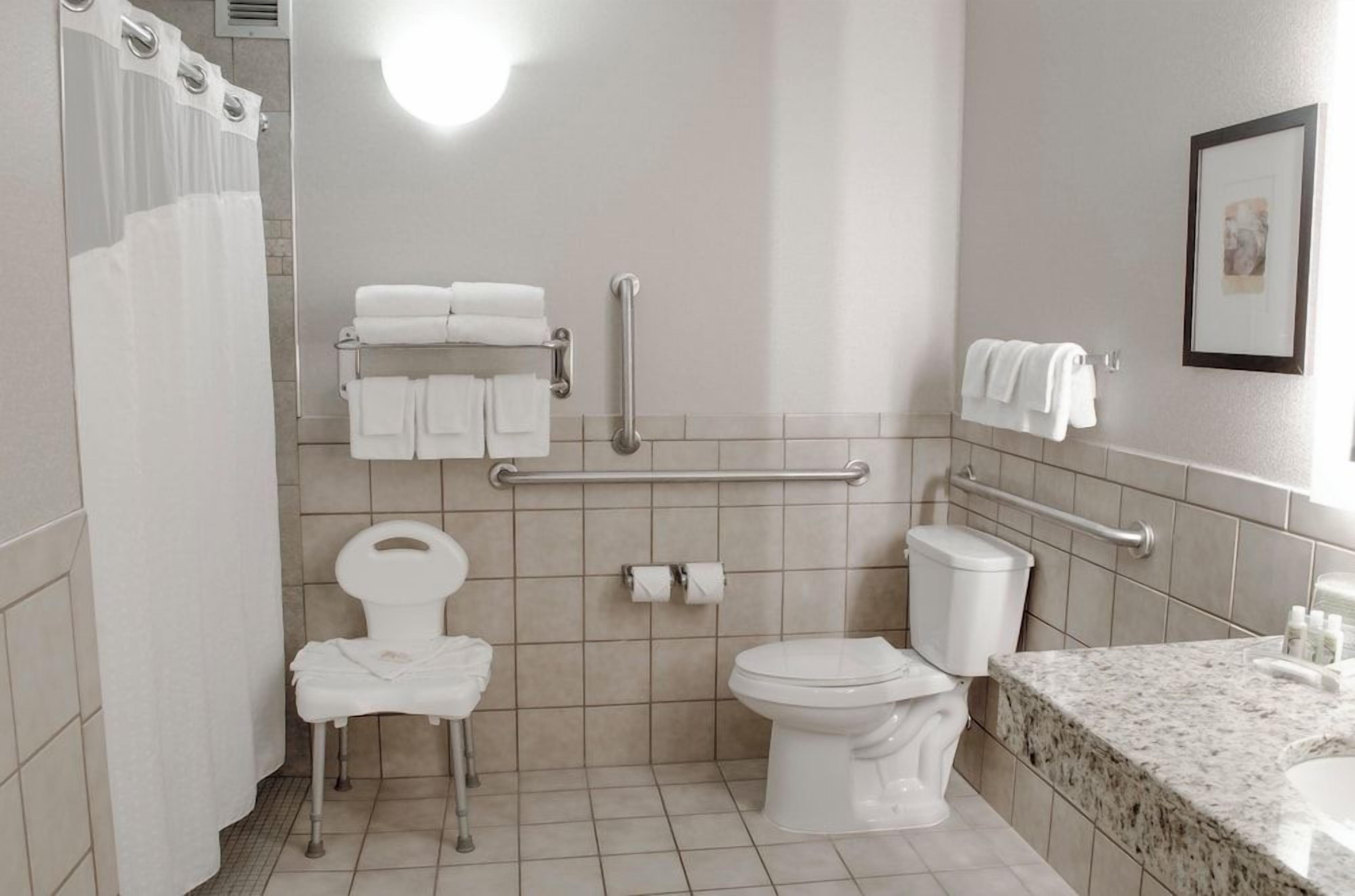 Ein Badezimmer mit Dusche, Toilette, Haltegriffen und Waschbecken.