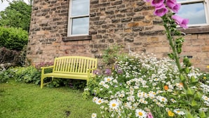 A stone building with a bench and a garden with daisies and purple flowers. - Eastview (Matlock)