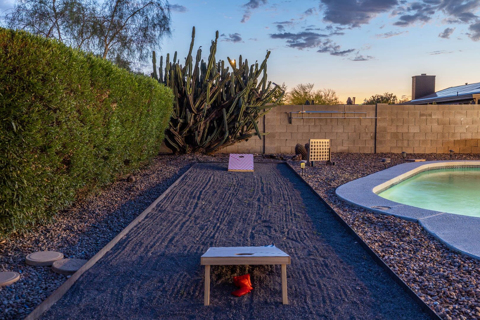Ein Garten mit Pool, Kakteenpflanze, Tisch und einer Ziegelwand.