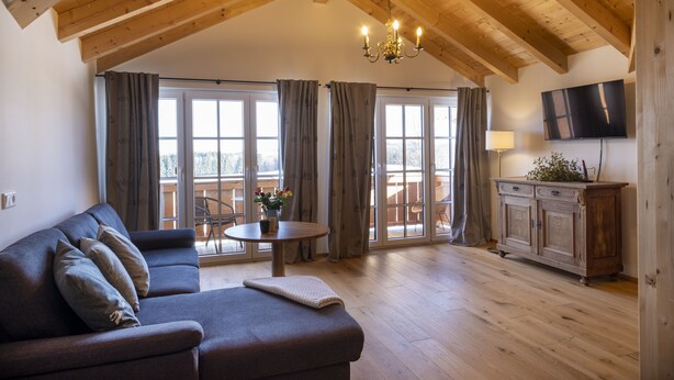 Een ruime woonkamer met een houten plafond, een bank met kussens, een tafel met een plant en een televisie aan de muur.