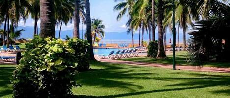 A resort with a pool, palm trees, and a view of the ocean.