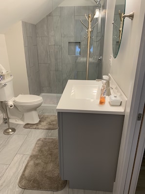 Shower, hair dryer, towels, toilet paper