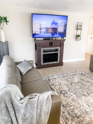 Smart TV, fireplace, books