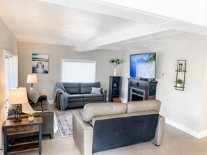 Smart TV, fireplace, books