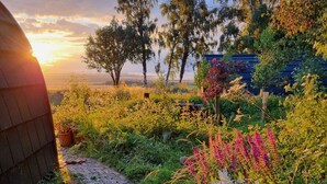 A garden pathway leading to a building with a sloped roof, surrounded by various plants and trees. - Eco Indigo (Dunbar)