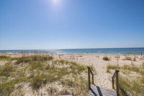 On the beach, sun-loungers, beach towels