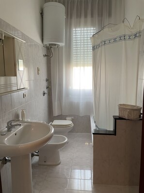 Hair dryer, towels, soap, toilet paper