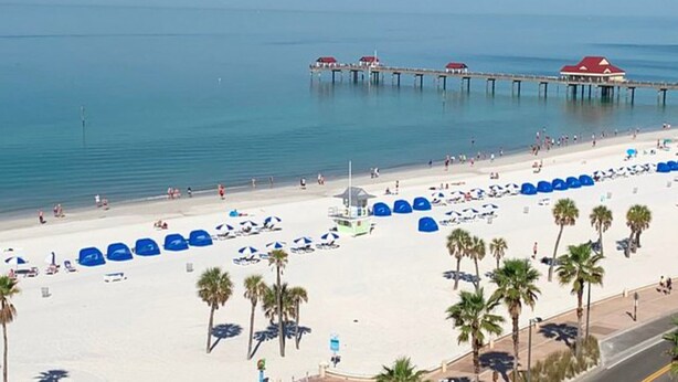 A beach with a pier, palm trees, and beach umbrellas. - Newly renovated, free WIFI/PARKING, 10 min to the beach! (Clearwater)