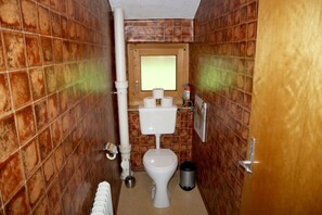 Bañera con ducha, toallas, jabón, papel higiénico