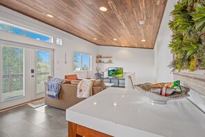 Smart TV, fireplace, books