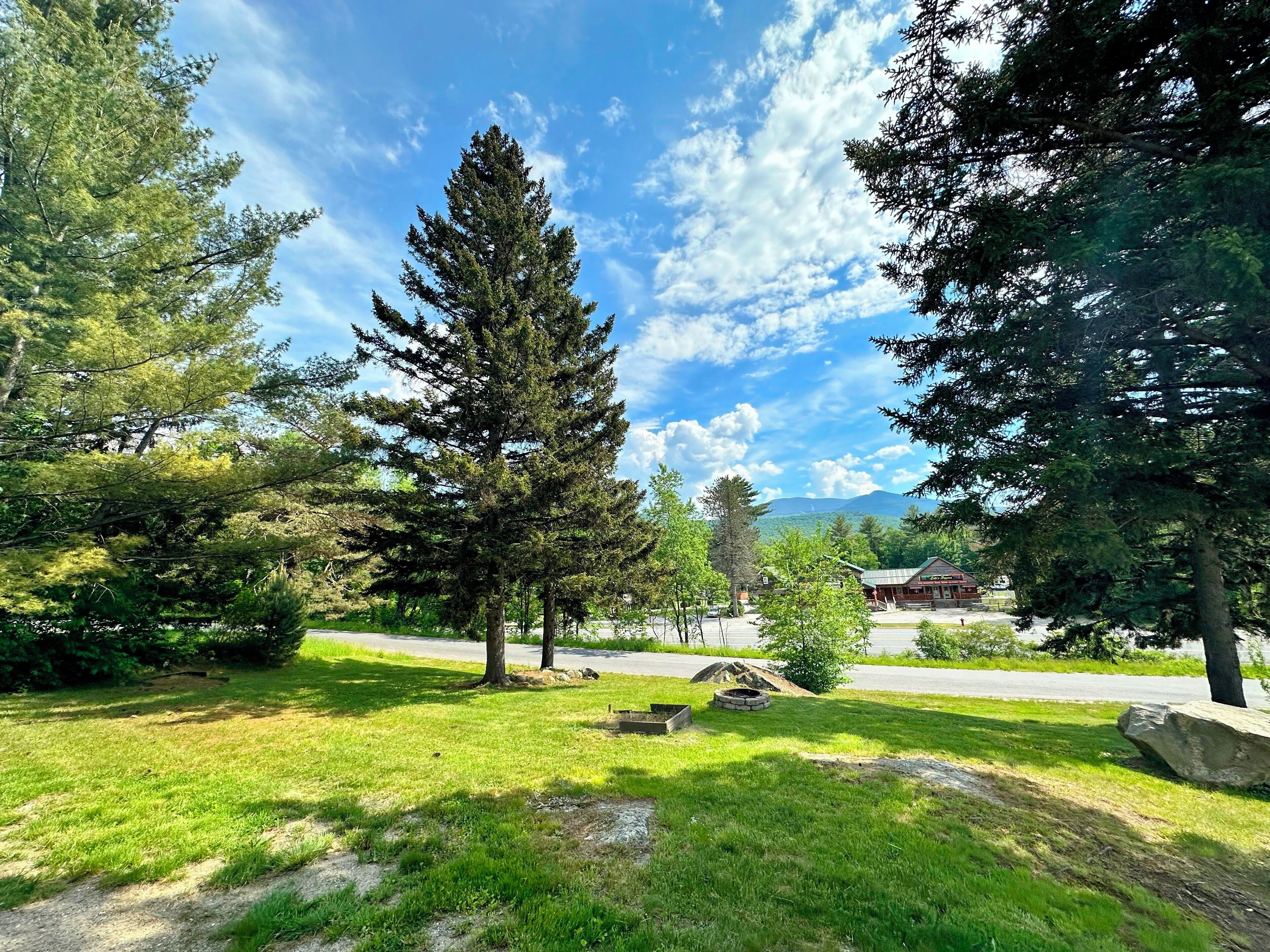Un parc avec de grands arbres, une pelouse et un bâtiment en arrière-plan.
