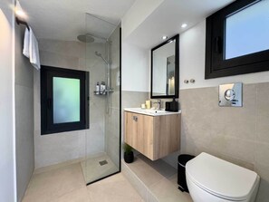 Een moderne badkamer met een douchecabine van glas, een houten wastafelmeubel, een wit toilet en een grote spiegel.