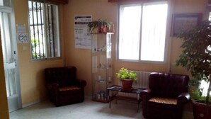 A room with two leather chairs, a small table, a potted plant, and a radiator.