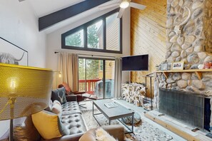 TV, fireplace, books