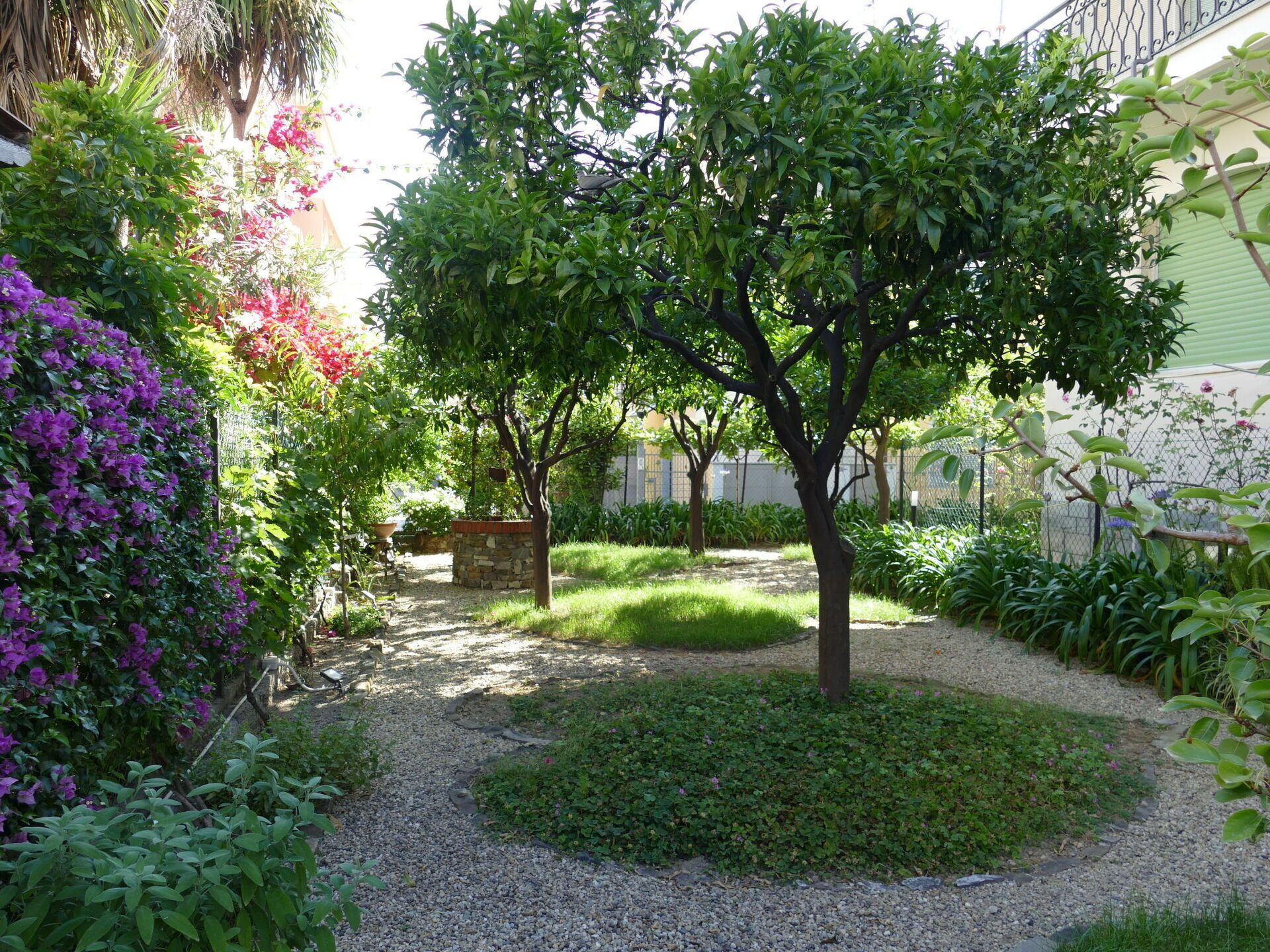 Un jardín con un camino de grava, un banco de piedra y diversas plantas y flores.