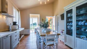 Microwave, dishwasher, dining tables