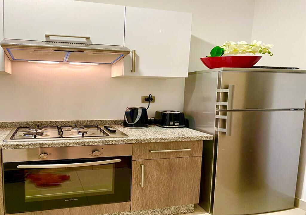 A compact kitchen with a gas stove, oven, and stainless steel refrigerator.