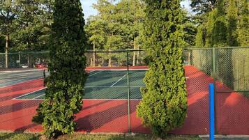 A tennis court with a chain-link fence, surrounded by trees and a grassy area.