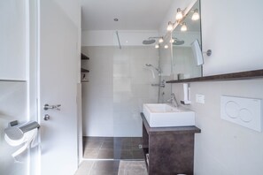 A modern bathroom with a glass shower enclosure, a white sink, and a large mirror.