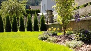 Un jardín bien cuidado con diversas plantas y flores, un muro de piedra y un edificio al fondo.