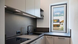 A modern kitchen with a window, built-in appliances, and a view of a house. - Premium Apartment Hofer Elisabeth – Fast Internet, Free Parking (Niederdorf)
