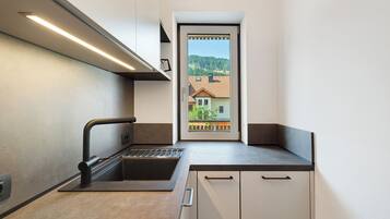 Fridge, microwave, stovetop, coffee/tea maker