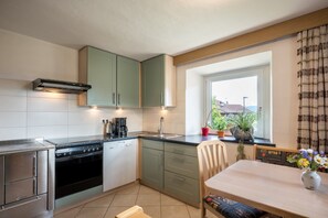 Une cuisine compacte équipée d’une cuisinière, d’un évier et de meubles de rangement verts.