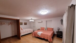 Une chambre avec deux lits, un plancher en bois, un luminaire au plafond, un appareil de climatisation et un téléviseur posé sur un meuble.