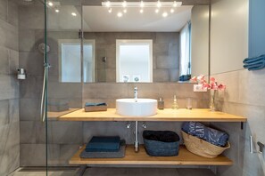 Shower, hair dryer, towels