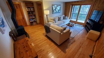 Televisión, chimenea, reproductor de DVD, libros