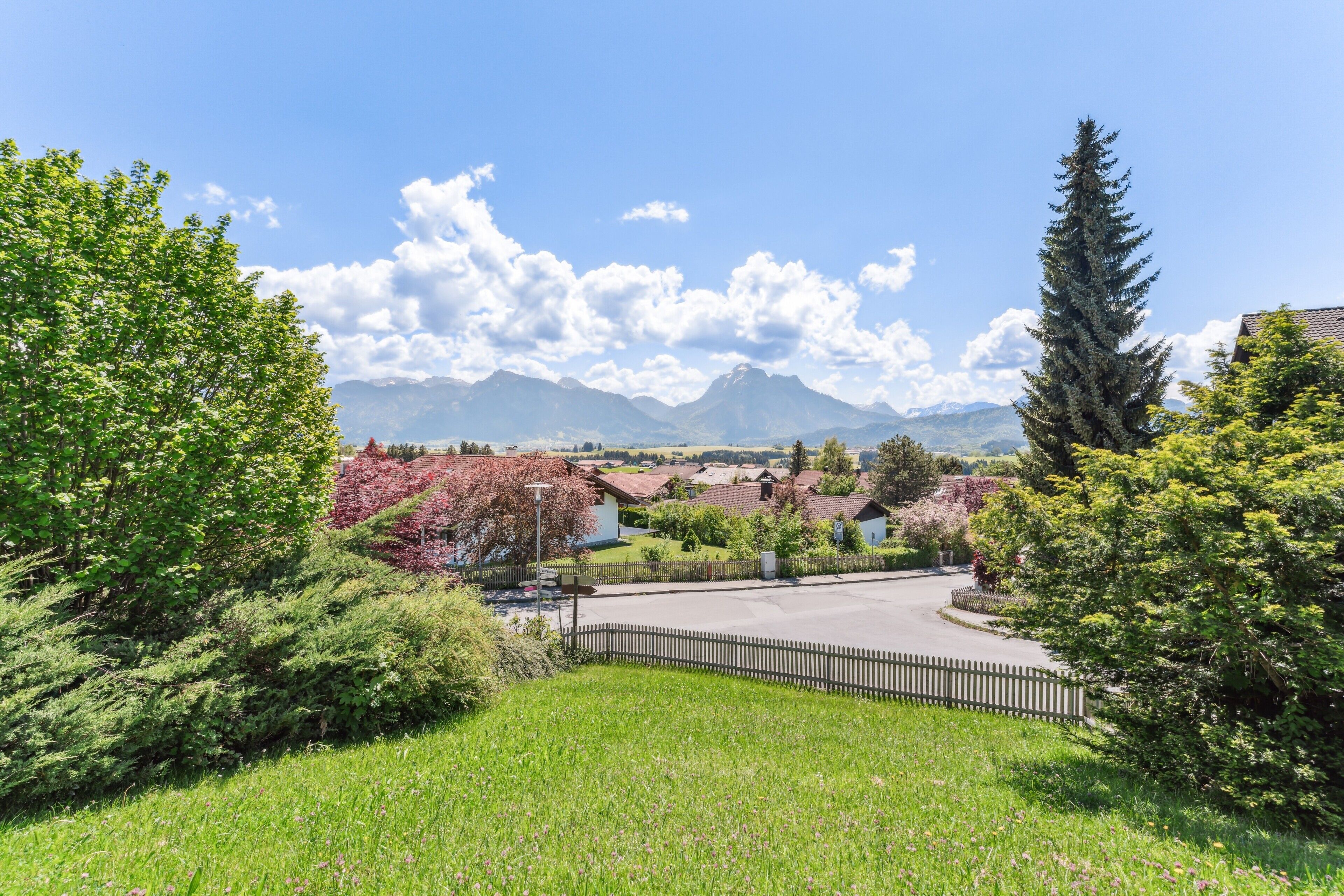 A residential area with houses, a paved road, and mountains in the background.