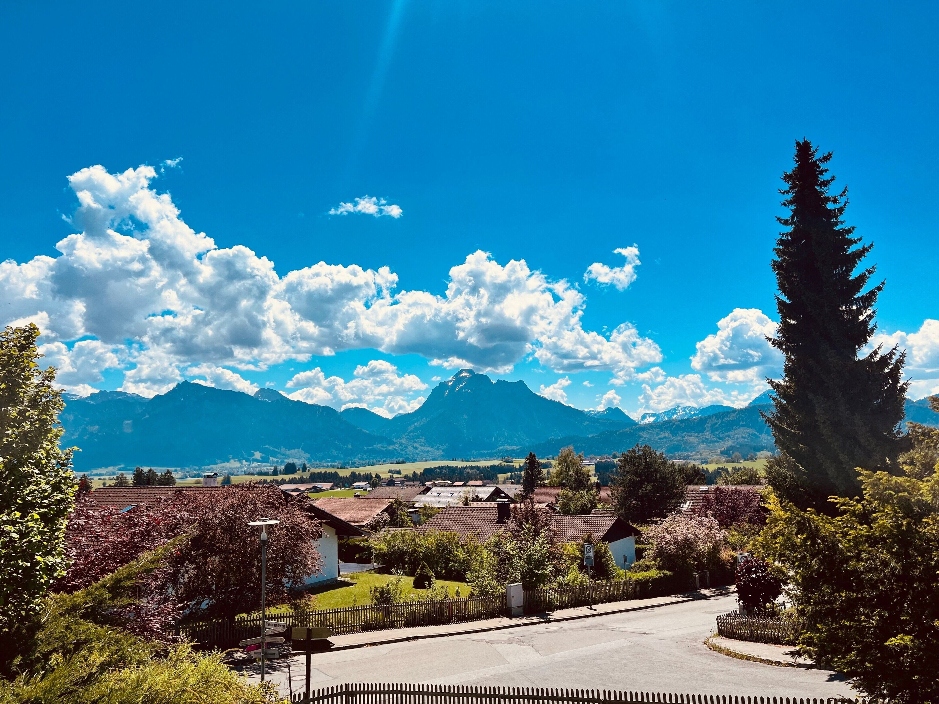 A residential area with houses, a street, and mountains in the background.