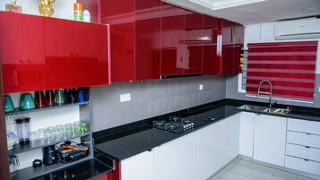 Fridge, microwave, oven, electric kettle