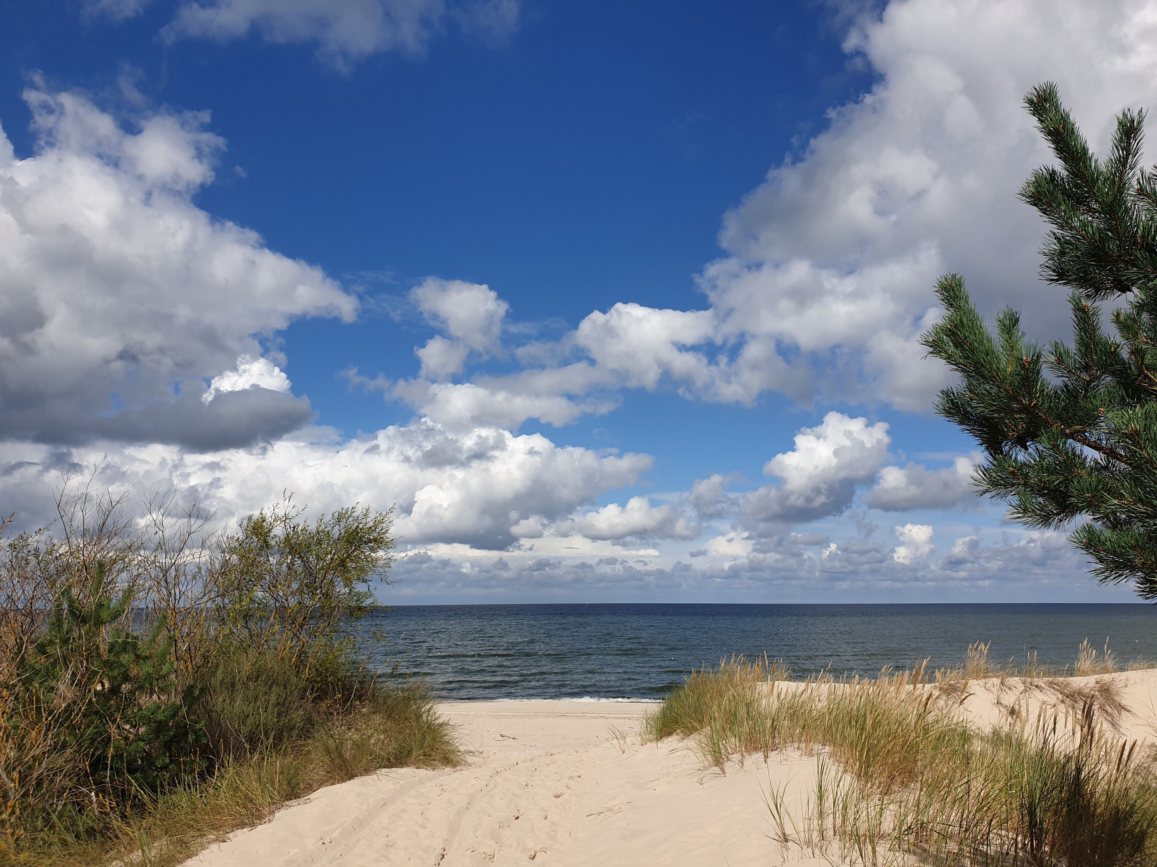 Ein sandiger Küstenpfad führt zum Meer, der Himmel ist wolkenlos und mit Wolken gesprenkelt.