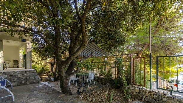 Eine terrasse mit Pflasterung, einem Tisch, Stühlen, einem Baum und einem überdachten Sitzbereich.