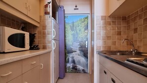 A narrow kitchen with a view of a waterfall through a glass door. - Comfortable studio near slopes, 4 people, Wifi, parking (Le Dévoluy)