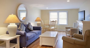 Smart TV, fireplace, DVD player, stereo